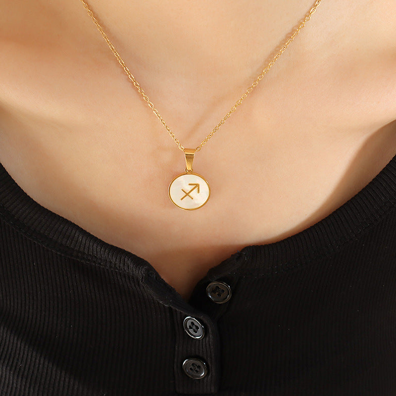 Celestial Zodiac Necklace Set with White Sea Shell Pendant - Titanium Steel Gold Plated Women's Jewelry