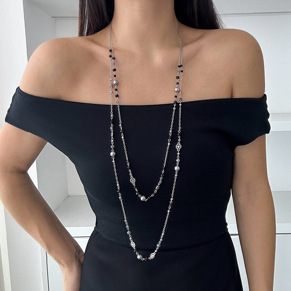 Retro Star-Shaped Fringed Sweater Chain For Imitation Pearls Stacked With Long Necklaces Necklace