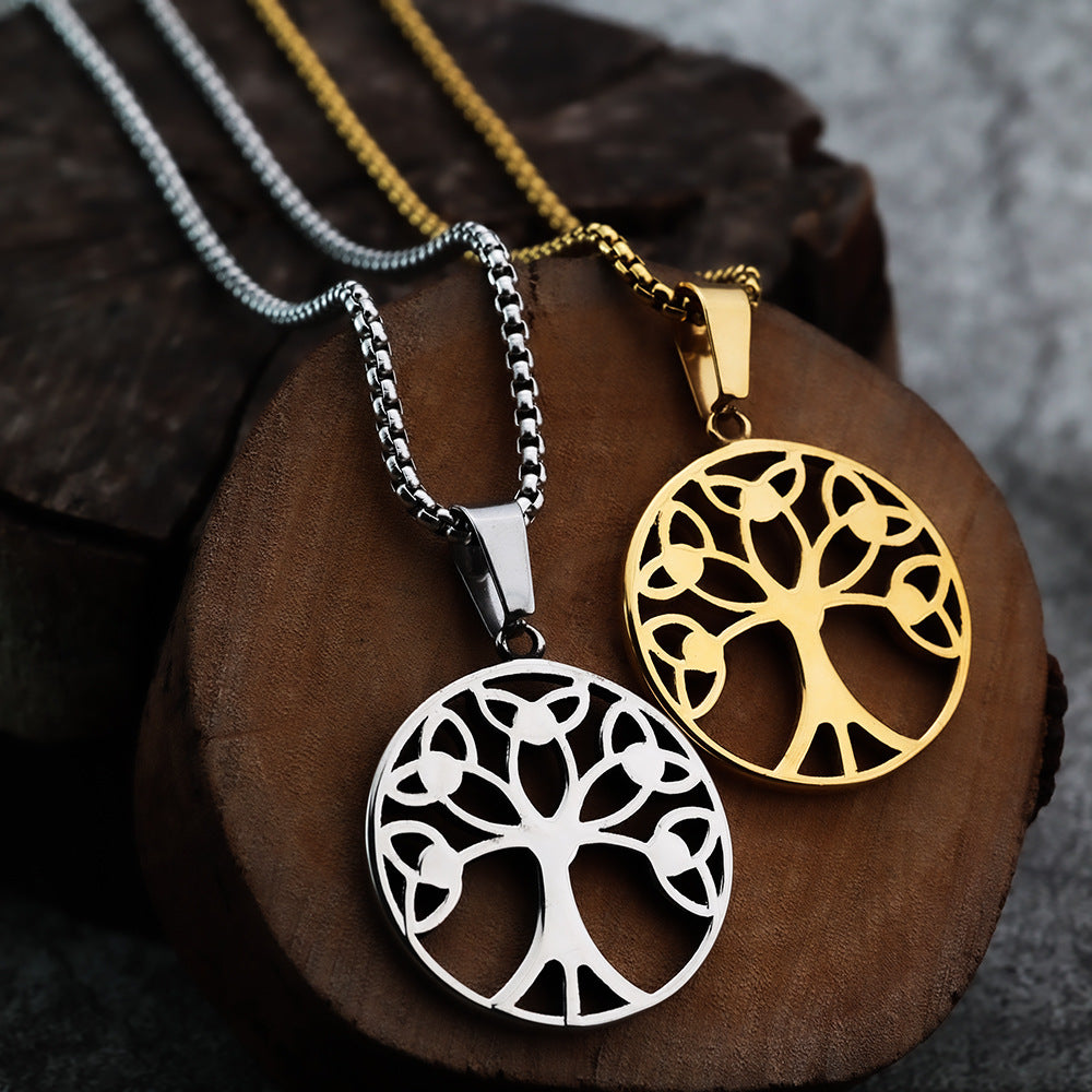 European And American Jewelry Wholesale Titanium Steel Men's Pendant Necklace Inlaid Zircon Tree Of Life