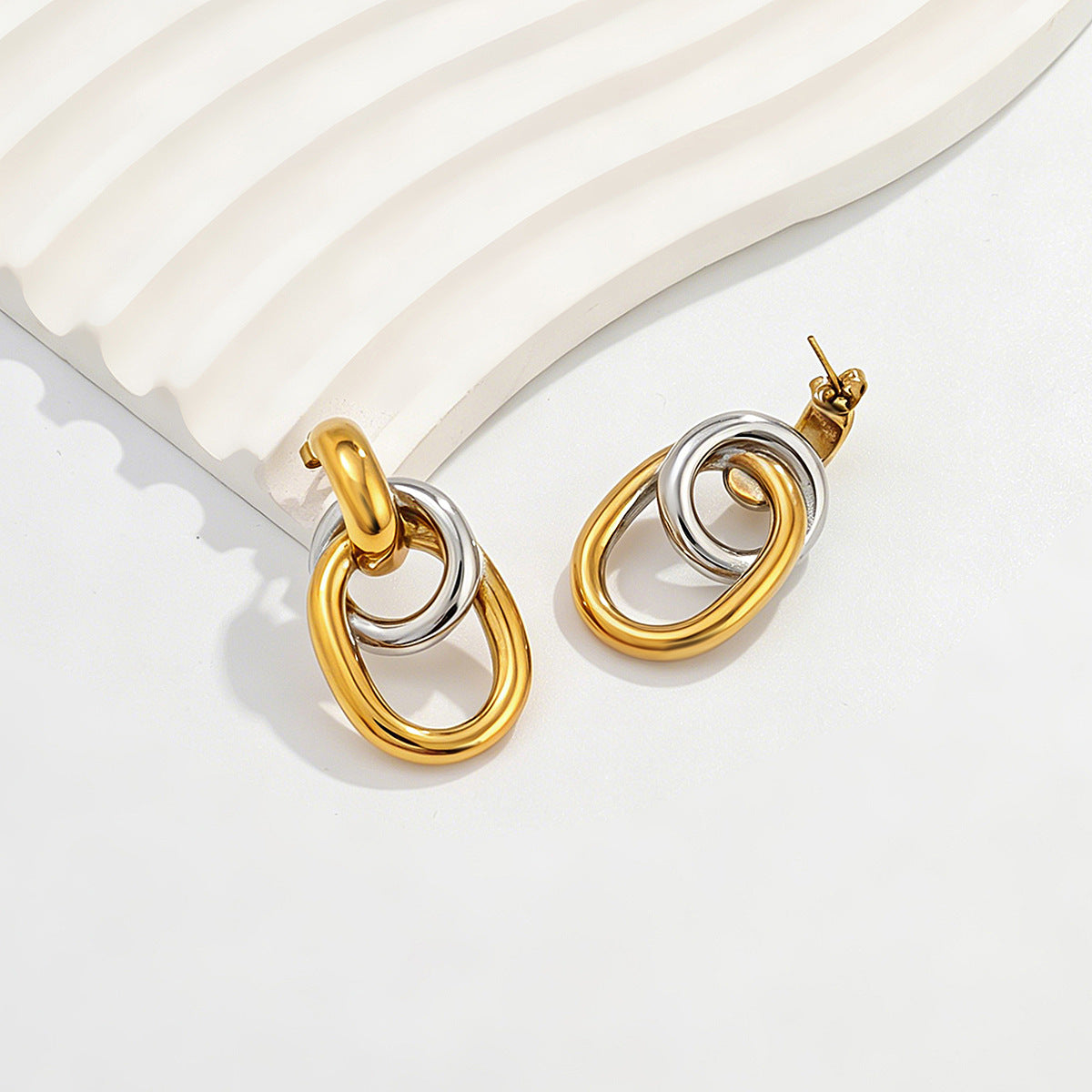 Planderful Stainless Steel Double Ring Earrings Color Block Geometric Versatile Statement For Women