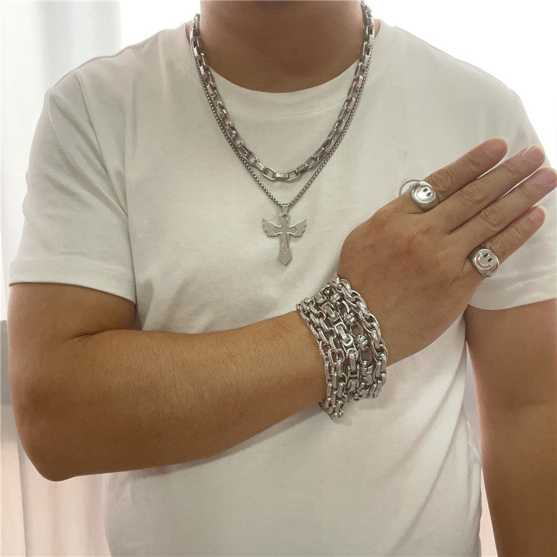 Trendy Titanium Steel Cross and Angel Wing Pendant Necklace for Men and Women