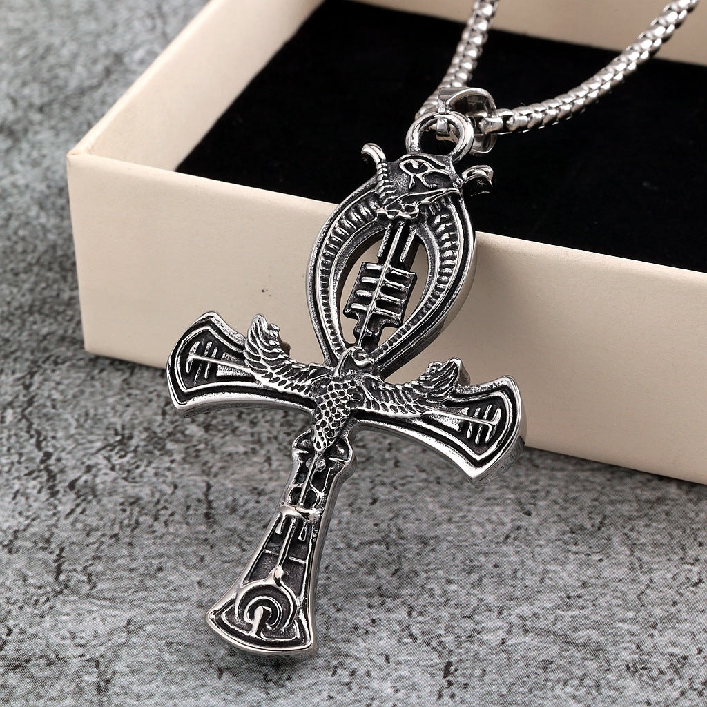 Vintage Cross Egyptian Stainless Steel Men's Pendant Necklace