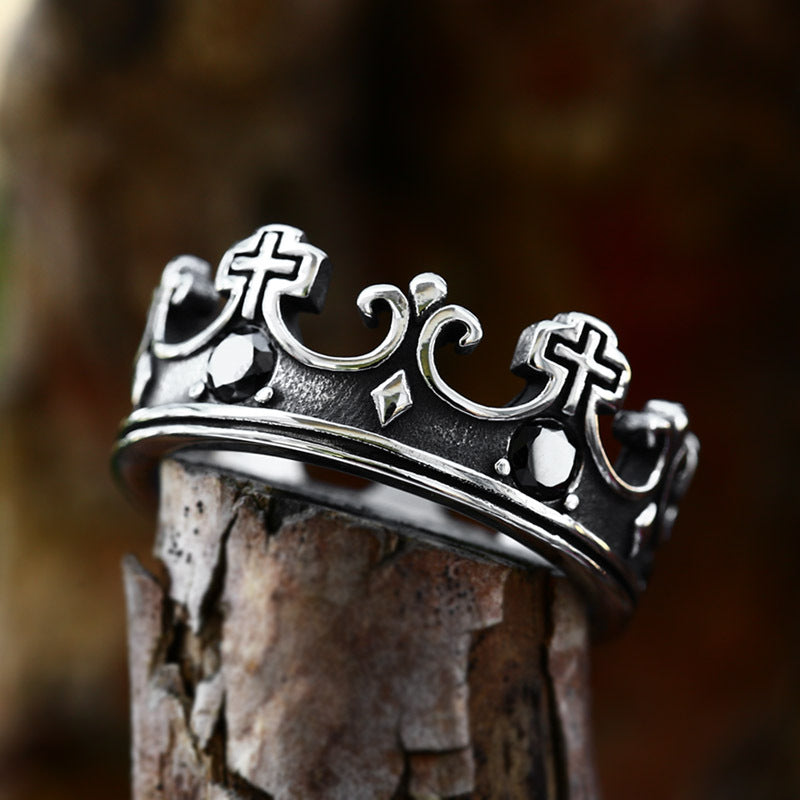 Unisex Retro Crown Cross Titanium Steel Rings - Fashion Jewelry for All