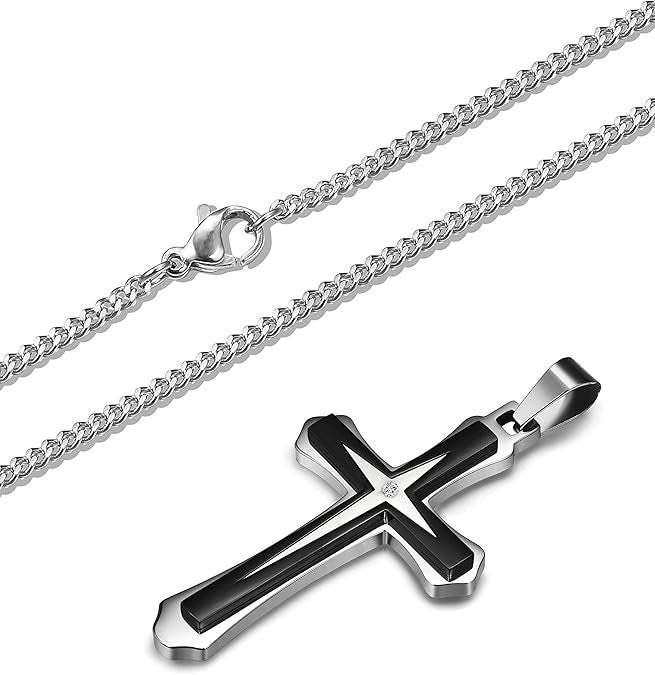 Planderful Titanium Steel Cross Necklace For Men Non Fading Hip Hop Pendant Chain
