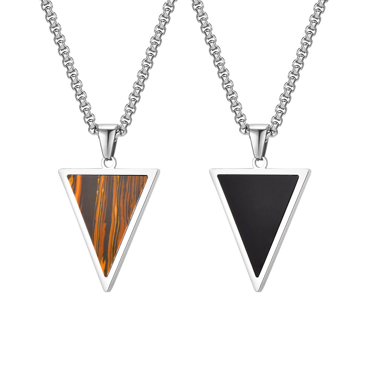 Stainless Steel Triangle Natural Tiger's Eye Stone Black Agate Pendant Necklace Men's