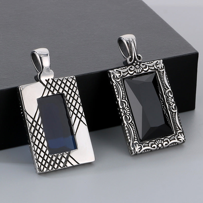 Retro Engraved Sapphire Inlaid Titanium Steel Hip-Hop Pendant for Men