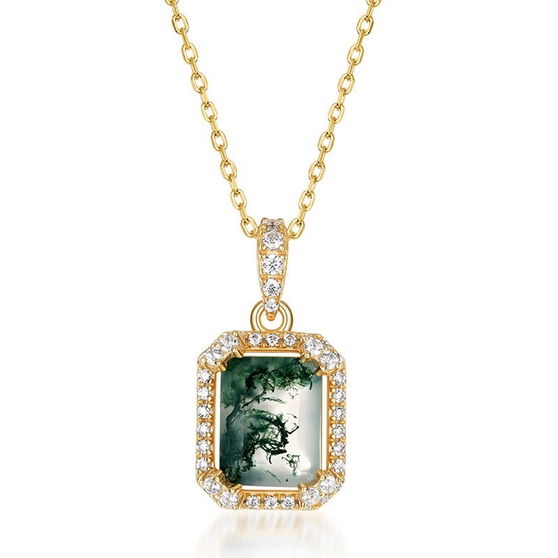 S925 Sterling Silver Moss Agate Pendant Necklace