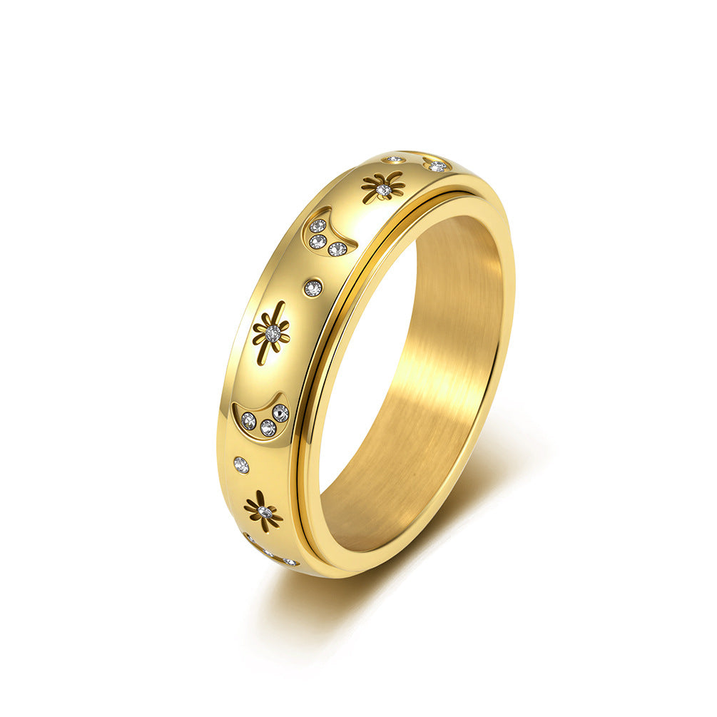 Star & Moon Zircon Spinner Stainless Steel Ring Unisex