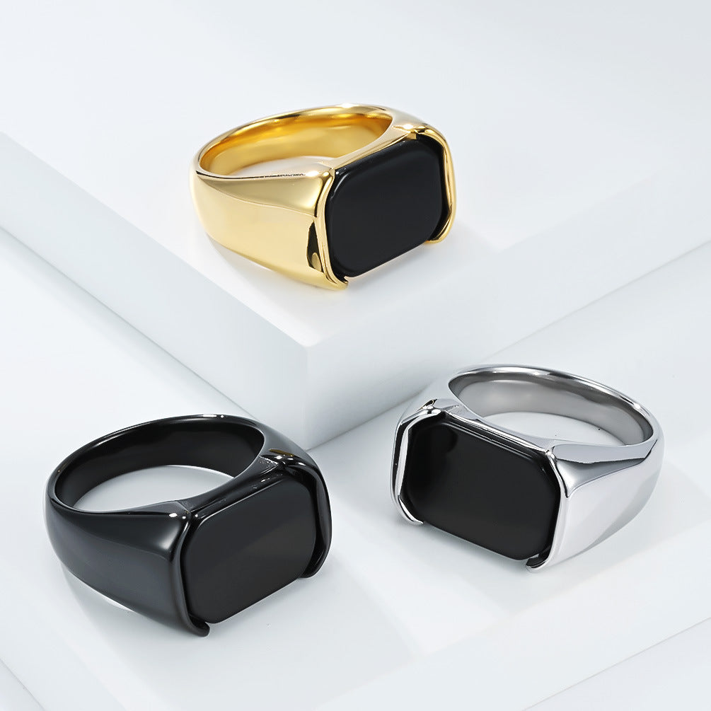 Planderful Glossy Black Gemstone Titanium Steel Ring For Everyday Wear Unisex Bold Minimal Jewelry Sizes 8 To 13