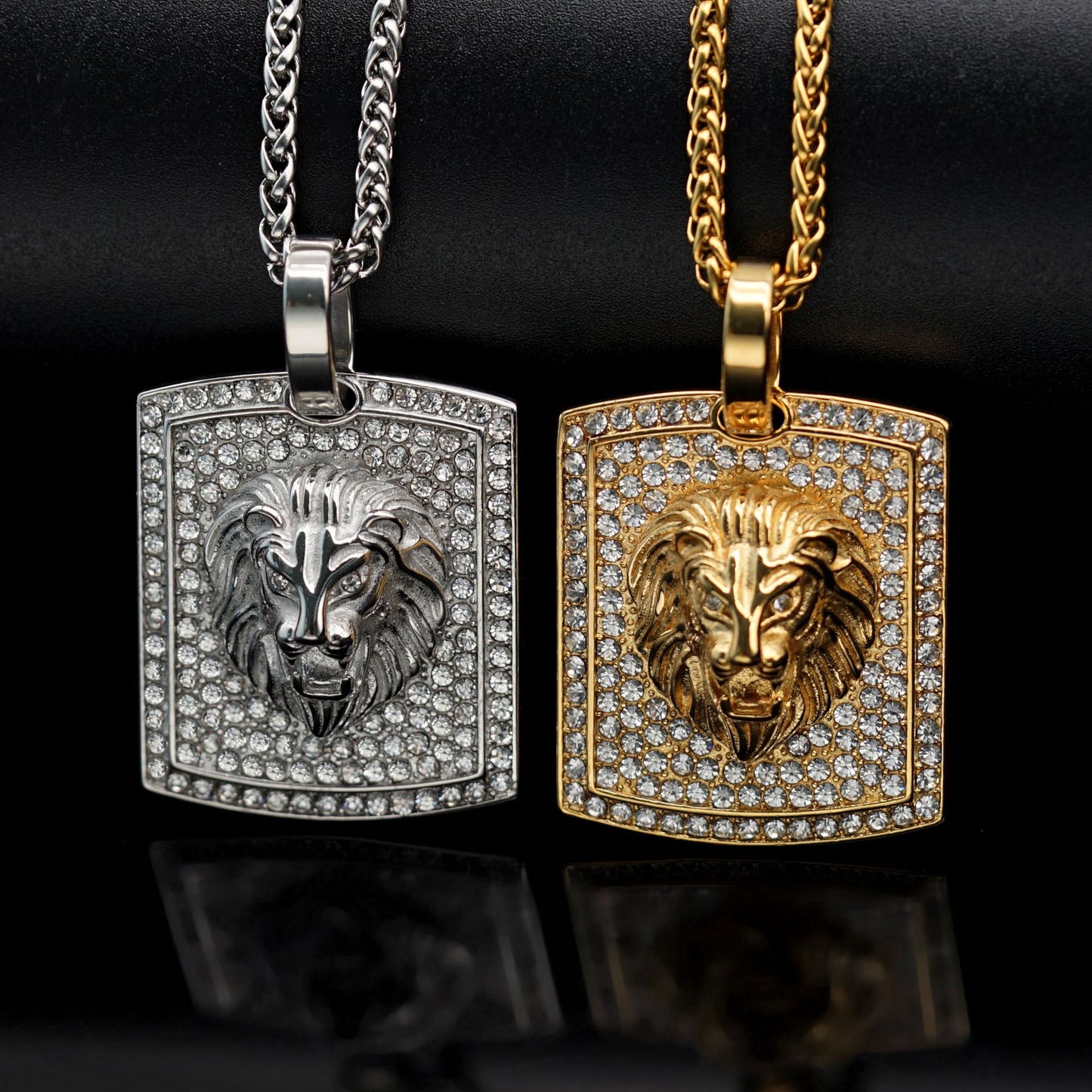 Planderful Lion Head Pendant Necklace Titanium Steel Gold Plated Zircon Unisex Hip Hop Jewelry