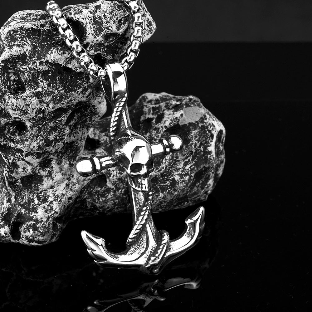 European And American Retro Men's Stainless Steel Pendant Boat Anchor Skull Necklace
