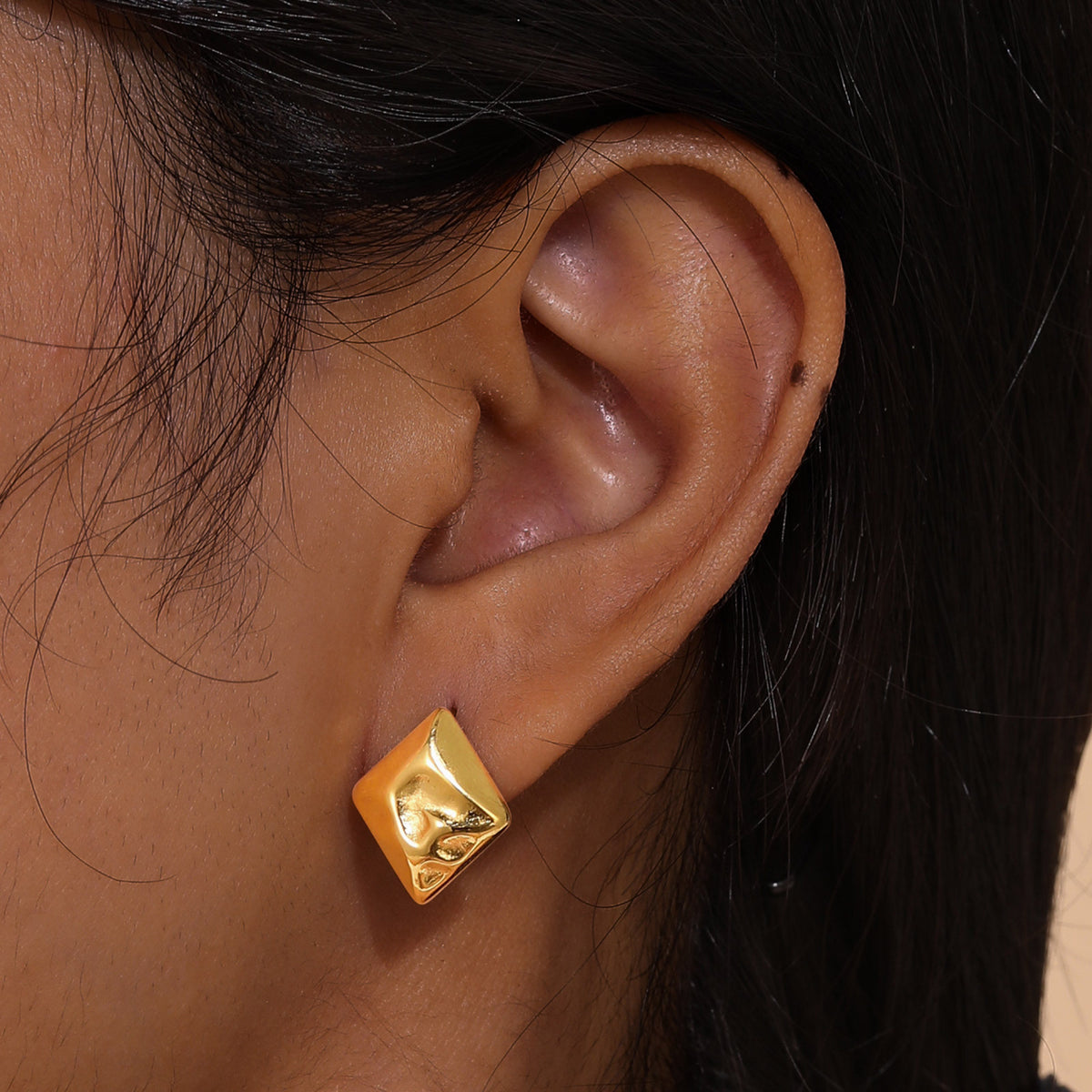 Gold-Tone Hammered Diamond Stud Earrings