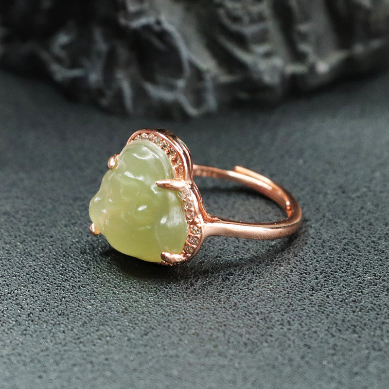 Yellow Buddha Ring with Natural Hotan Jade and S925 Sterling Silver - Unique Elegance and Positivity