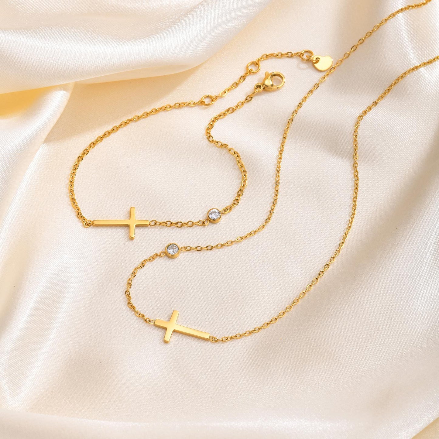 Stainless Steel Cross White Zircon Gold Necklace Bracelet Female