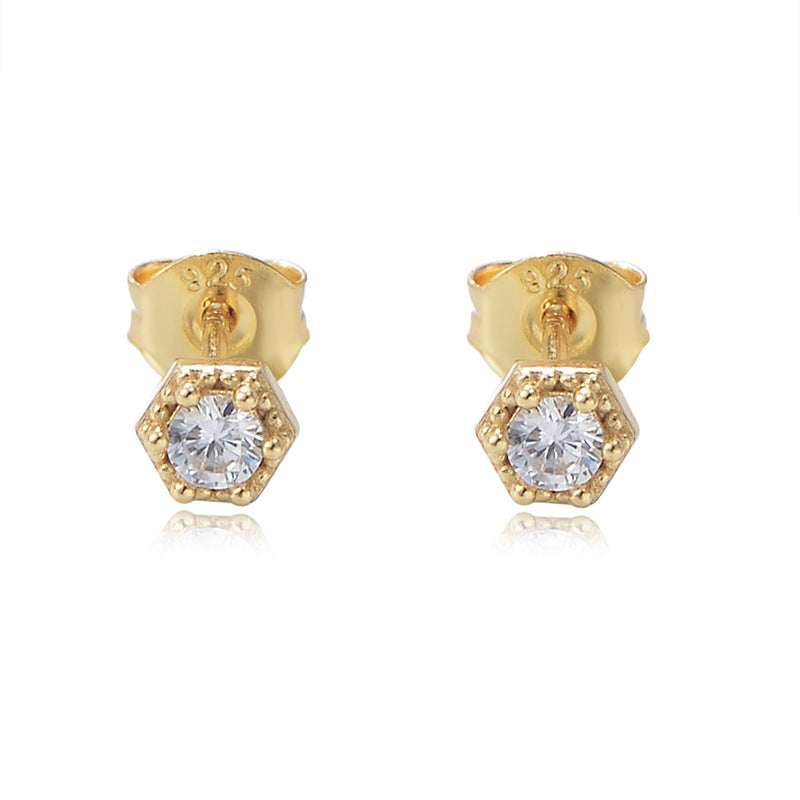 S925 Sterling Silver Versatile Geometric Hexagonal Single Zircon Stud Earrings Silver Jewelry
