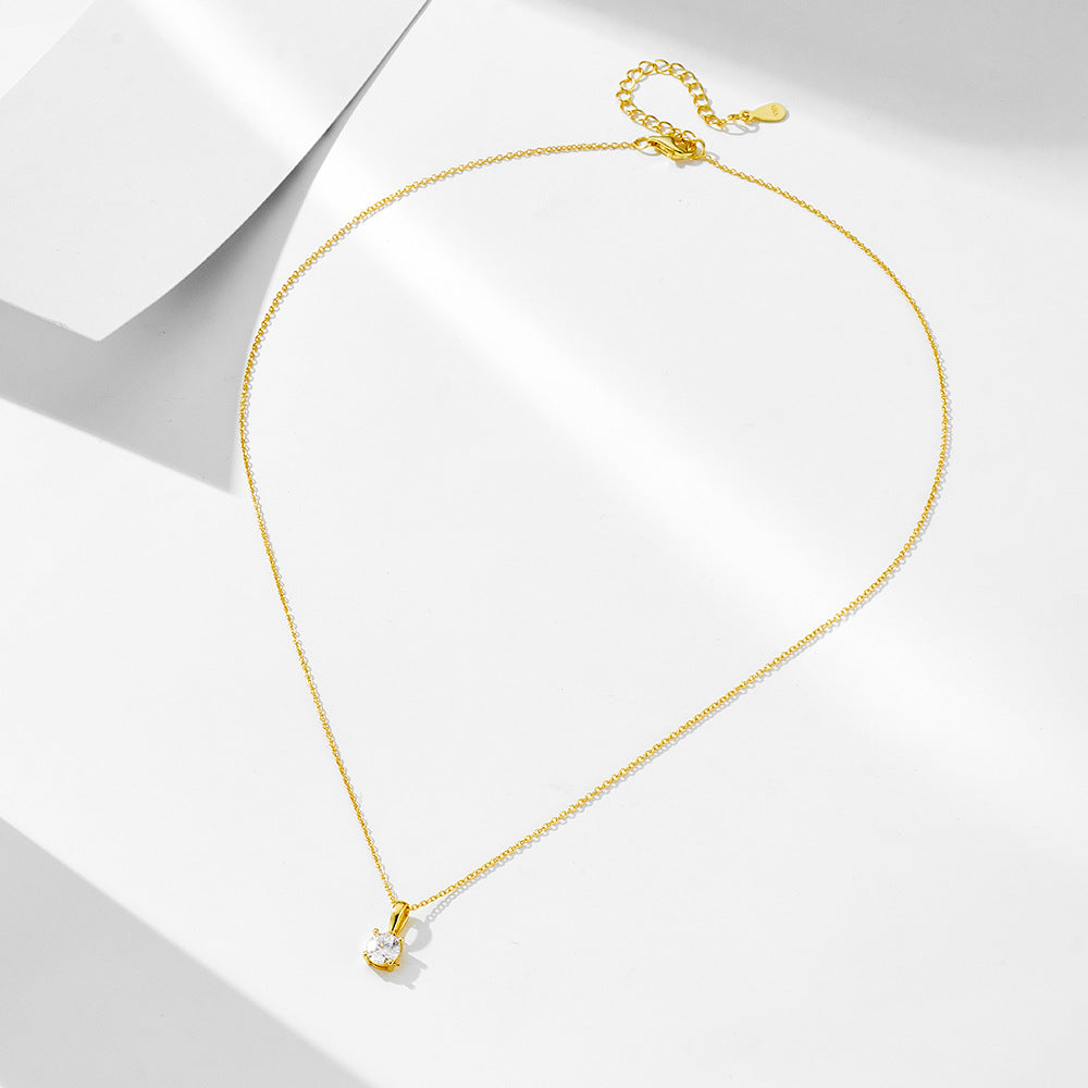 925 Sterling Silver Four-Claw Round Zircon Necklace