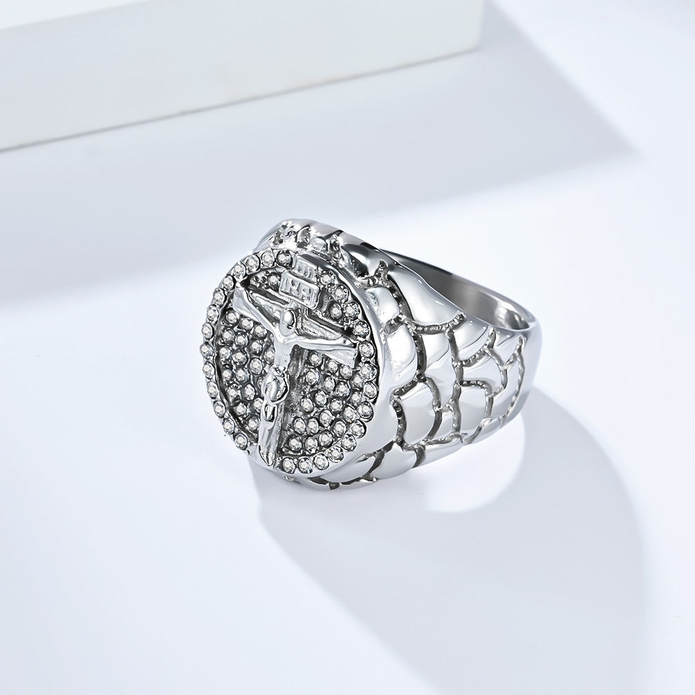 Planderful Mens Zircon Ring European American Retro Portrait Cross Titanium Steel Plated 18K Gold