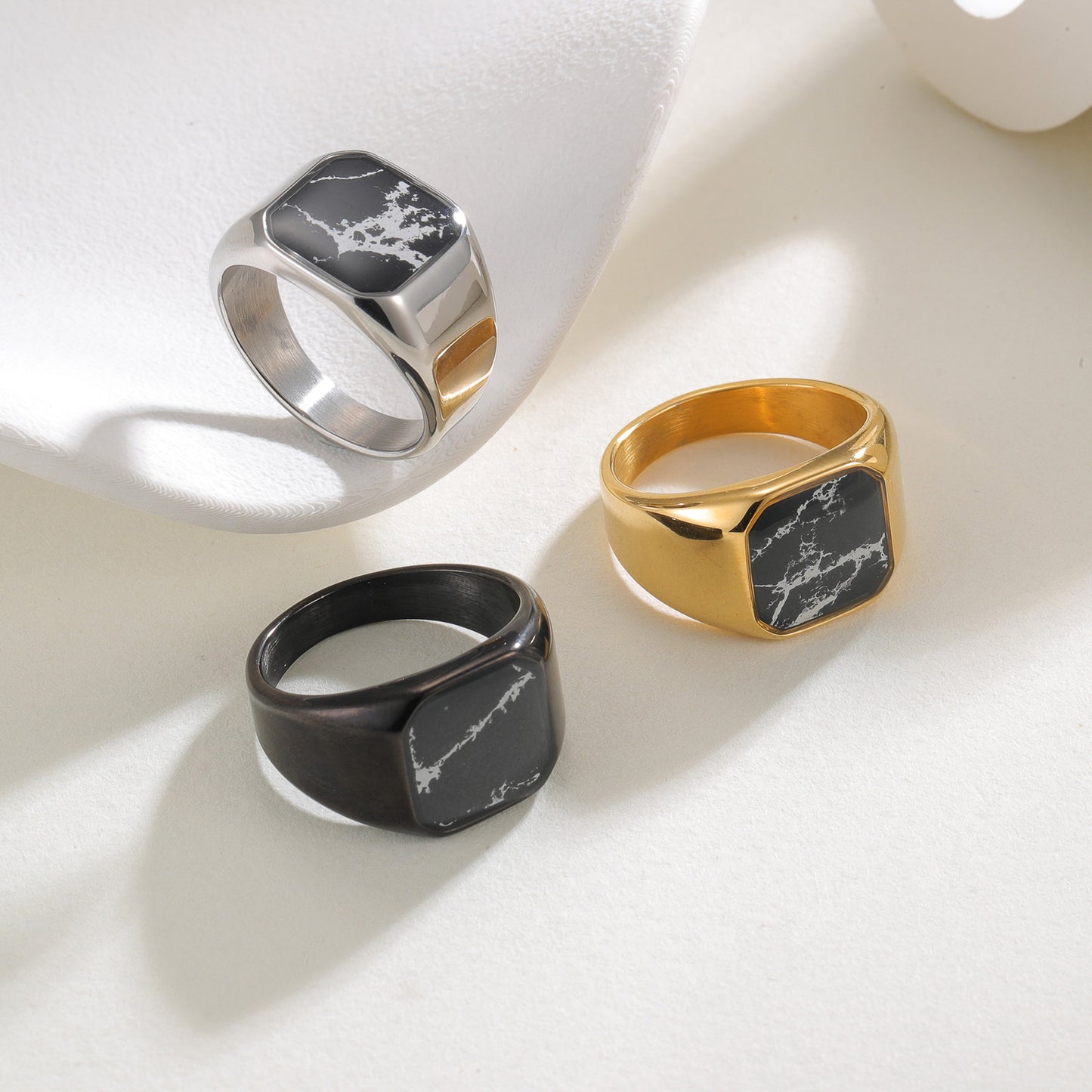 Planderful Stainless Steel Ring for Men Retro Inlaid Marble