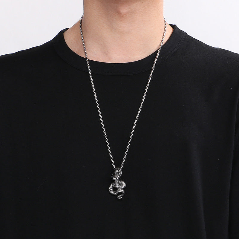 Punk Style Black Snake Pendant for Men - Retro Stainless Steel Python Design