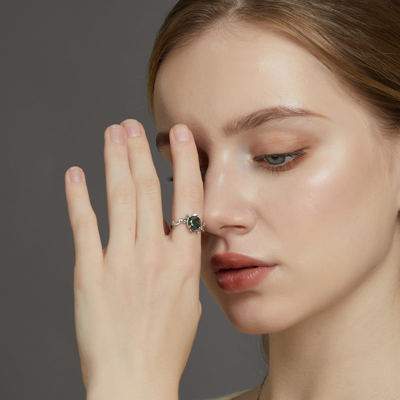 S925 Sterling Silver Moss Agate Vintage-Inspired Ring