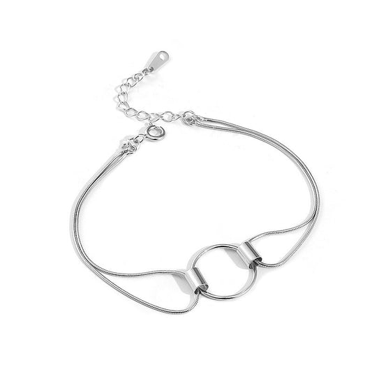 Geometric Hollow Circle with Snake Bone Chain Sterling Silver Bracelet