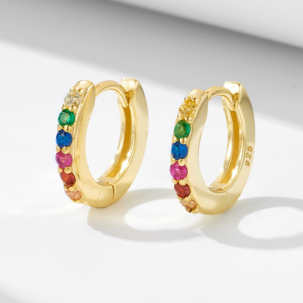 S925 Sterling Silver Round Micro-Inlaid Colored Zircon Ear Buckle Earrings