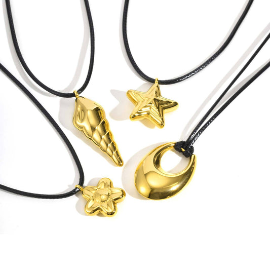 Stainless Steel Geometric Hollow Pendant Star Conch Small Flower Wax Rope Necklace