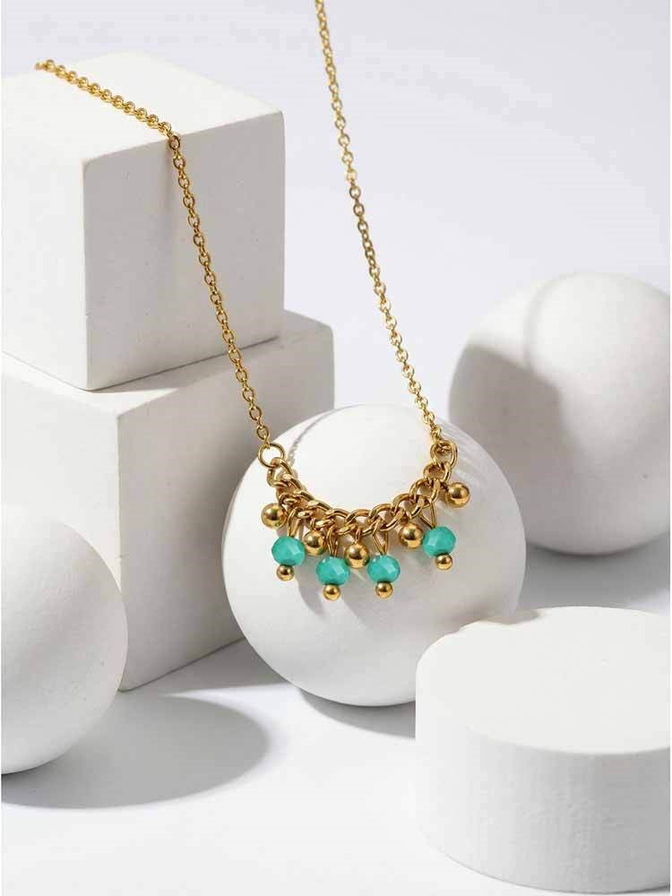 Summer Stainless Steel Cross Chain Green Fringed Beaded Necklace Design Item Decoration