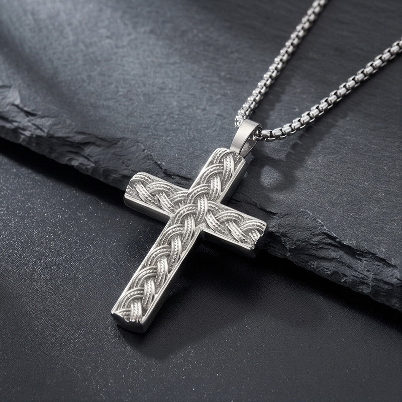 Hip Hop Stainless Steel Round Bead Chain Necklace Simple Twist Cross Pendant Square