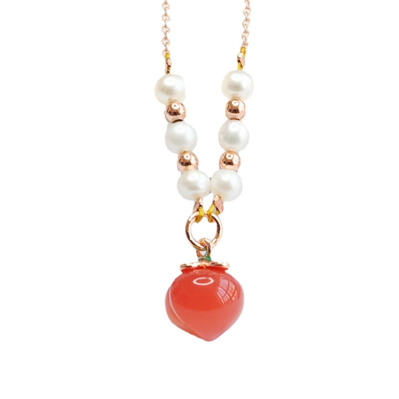 Sterling Silver Agate Peach Pendant Necklace with Pearl Beads
