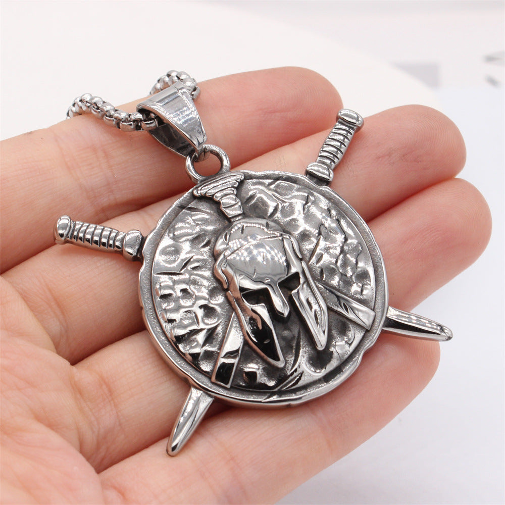 Spartan Helmet Pendant Double Sword Titanium Steel Unisex Jewelry By Planderful For Men And Women