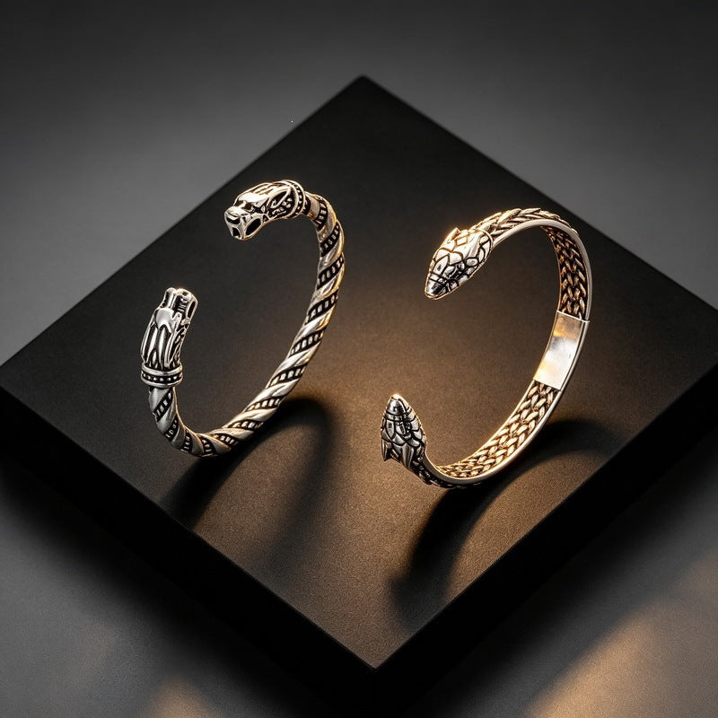 Nordic Viking Double-Headed Animal Head C-Shaped Open Bracelet Double-Headed Dragon