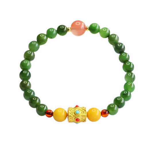 Hetian Jasper Beaded Bracelet with Gold-Tone Accents
