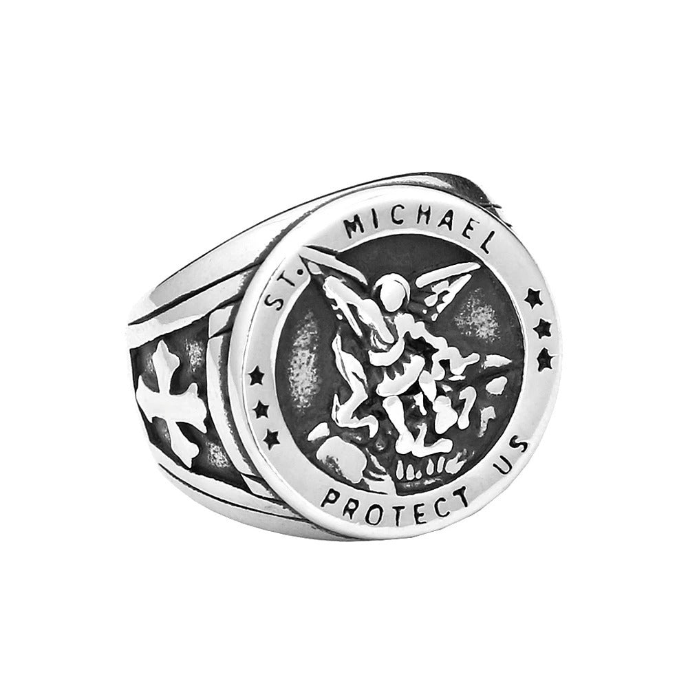 Planderful Archangel Michael Titanium Steel Ring With Angel Wings Cross For Men Mythic God Of War Design