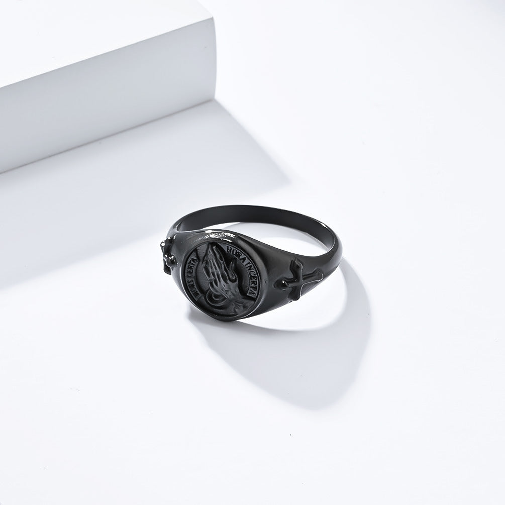 Cross-Border European and American Style Prayer Hand Cross Titanium Steel Ring Men's and Women's Wedding Ring