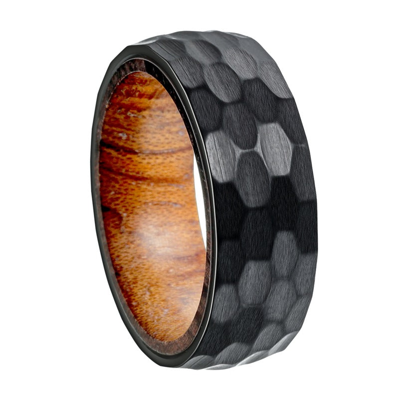Planderful Everyday Genie Titanium Steel Ring With Pear Wood Inlay 8mm Beating Pattern Unisex For Men