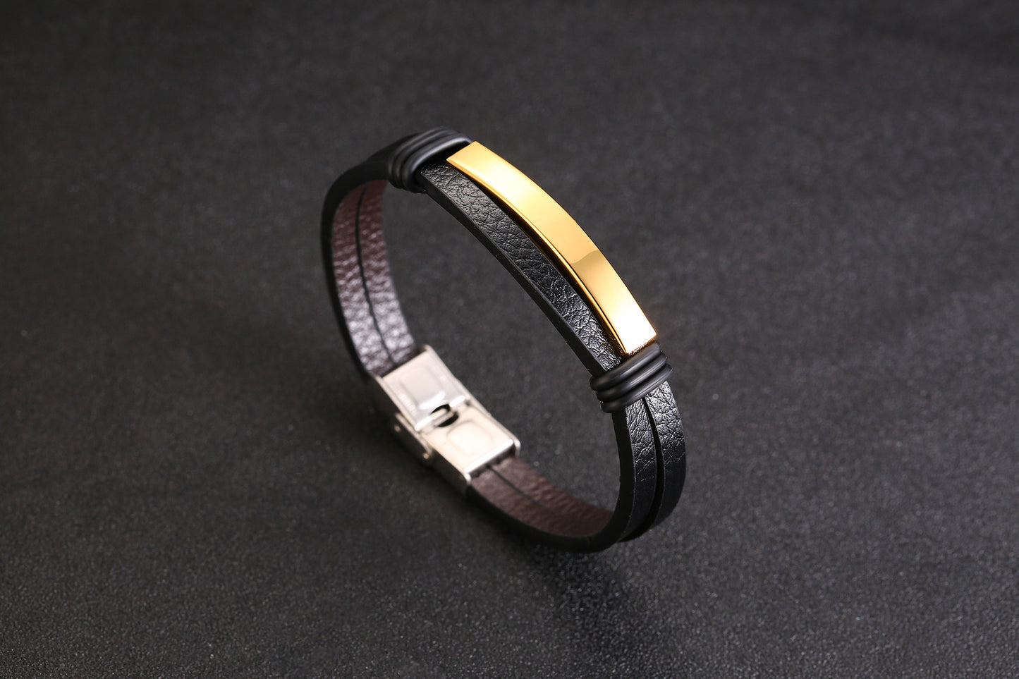 AliExpress Amazon Hot-Selling Black Stainless Steel Men's Bracelet Double Leather Bracelet Spot for Men