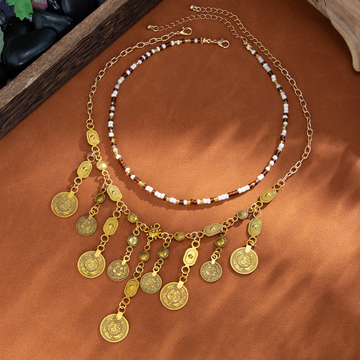 Bohemian Coin & Rice Bead Layered Necklace