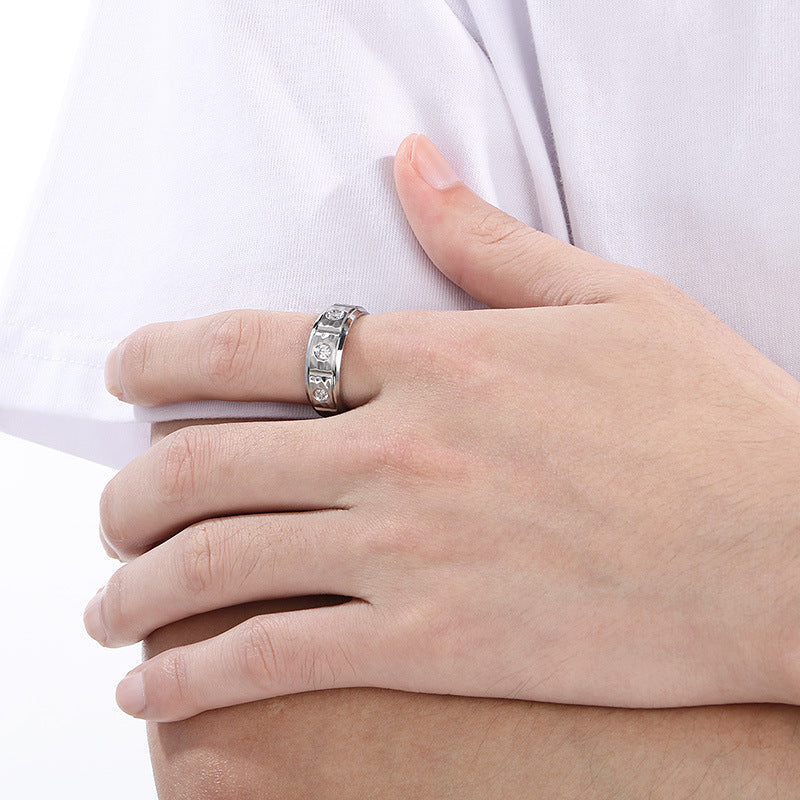 Planderful Mens Titanium Steel Ring Zircon 8mm Hip Hop