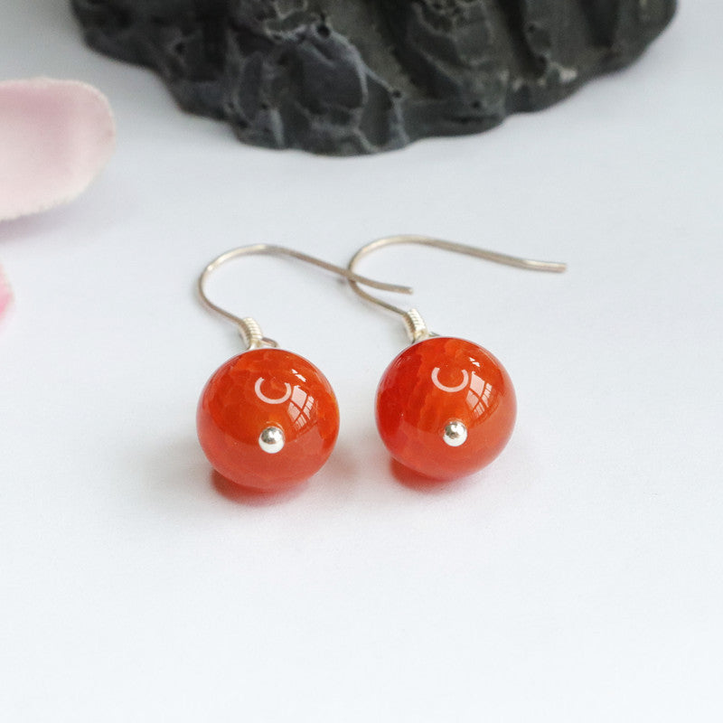Red Agate Bead Sterling Silver Earrings with S925 Silver Hook