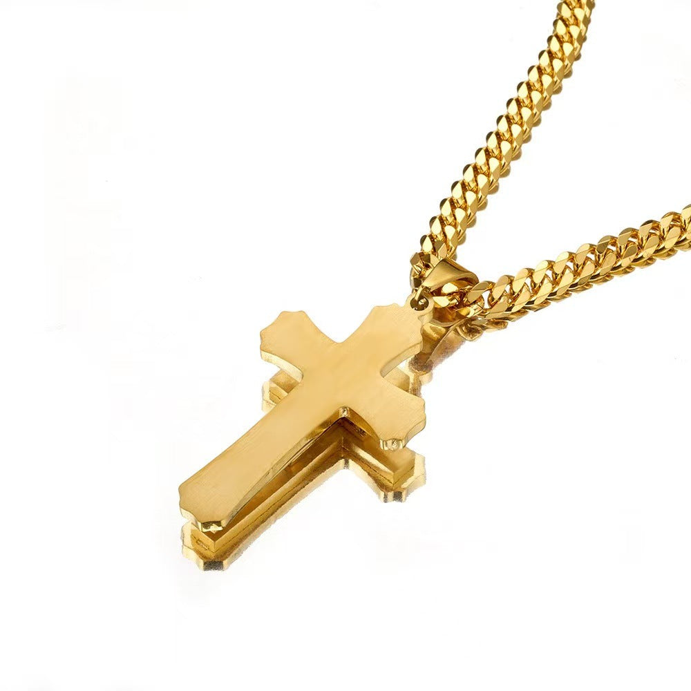 Planderful Titanium Steel Cross Pendant Necklace Three Layer Zircon Men Punk Style