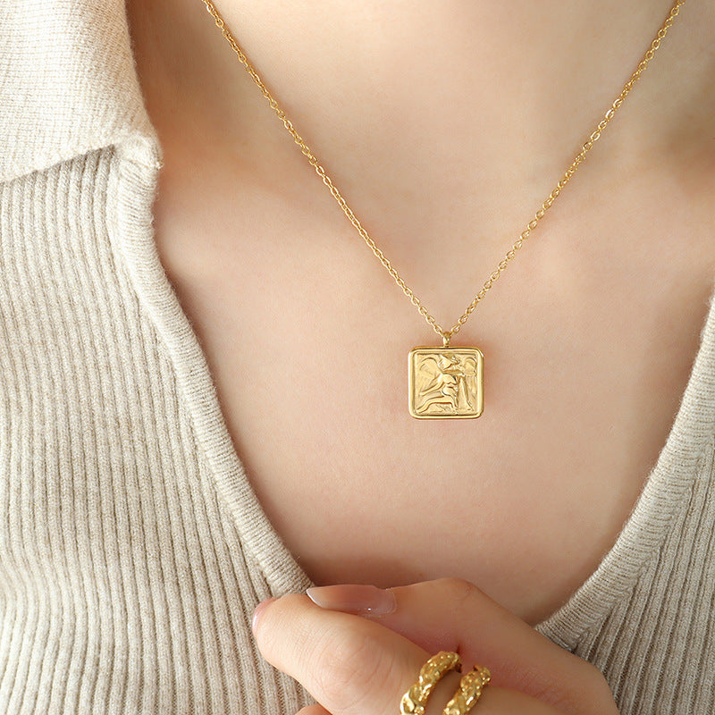 Cherub Square Pendant Gold Plated Clavicle Necklace - Dainty Jewelry for Women