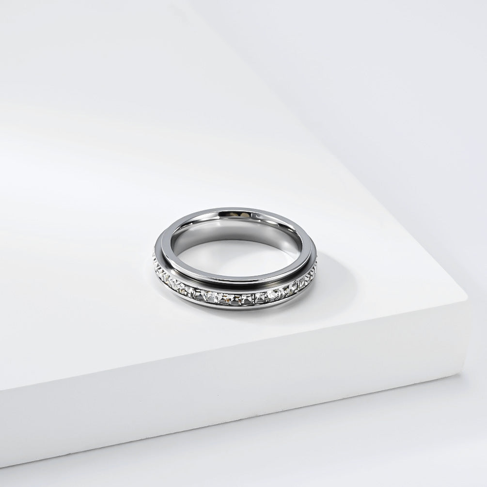 Rotatable Square Full Zircon Stainless Steel Ring Women's 18k Gold Stress-Relief