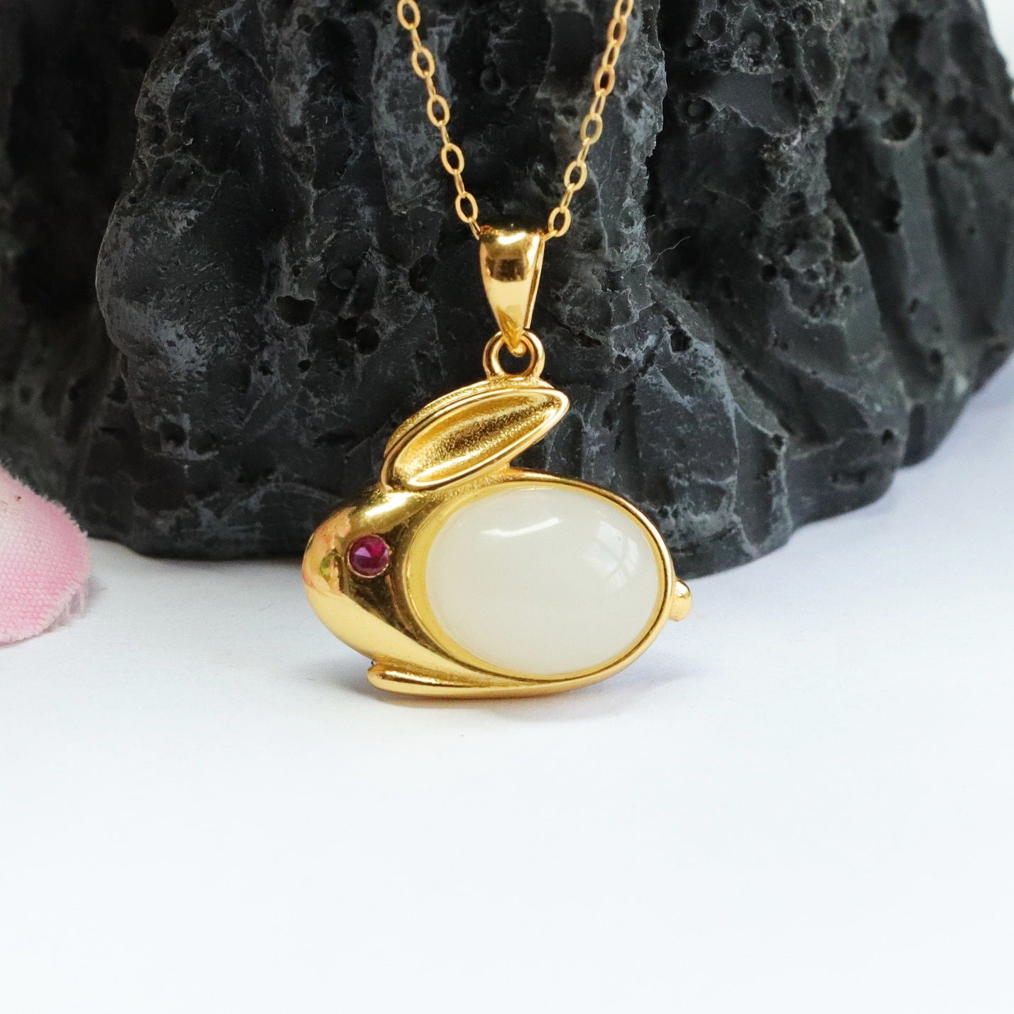 S925 Silver Natural Hetian Jade White Jade Rabbit Necklace