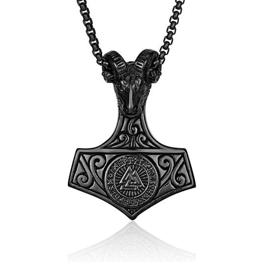 Planderful Viking Thor Hammer Necklace Titanium Steel With Ram Head And Compass Pendant For Men