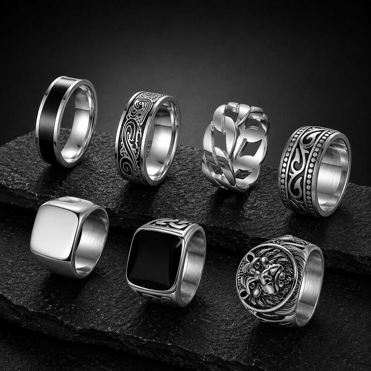 Mens Retro Engraved Lion Head Ring Set by Planderful Everyday Genie Unisex Protection Statement European American Style