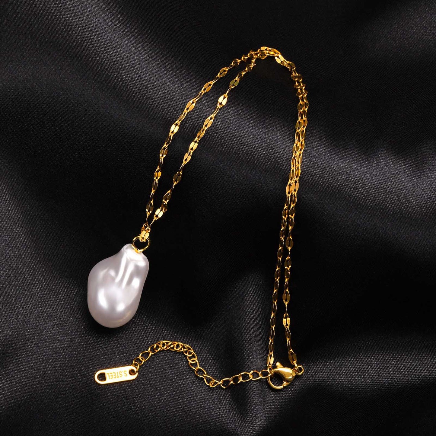 Stainless Steel Baroque Pearl Pendant Necklace and Pearl Gold Earrings