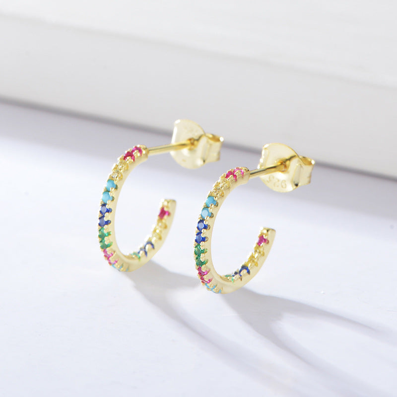 S925 Sterling Silver Slightly Inlaid Colored Zircon C-Shaped Earrings,