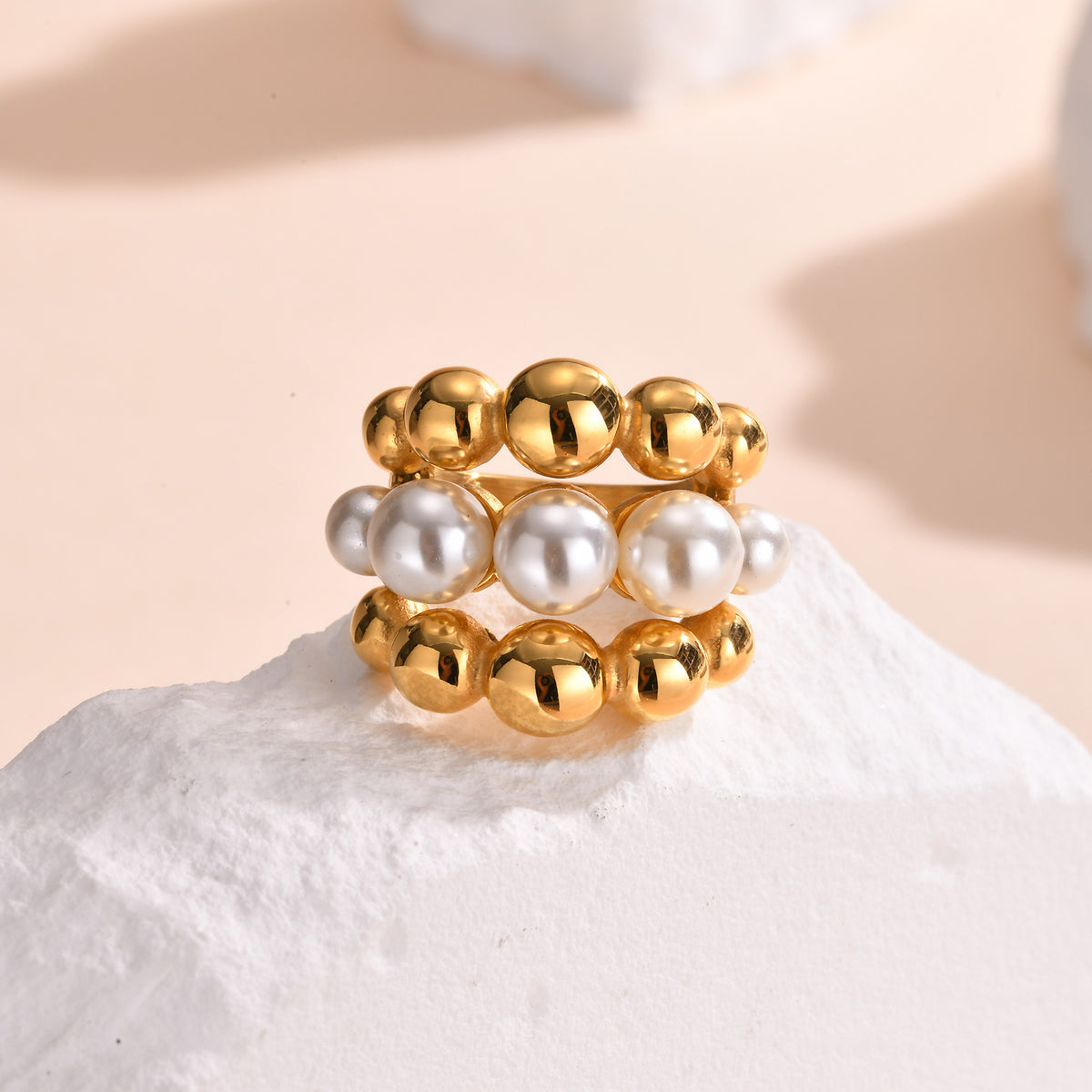 Stainless Steel Imitation Pearl Ball Multi-Layer Casting Ring – Gold