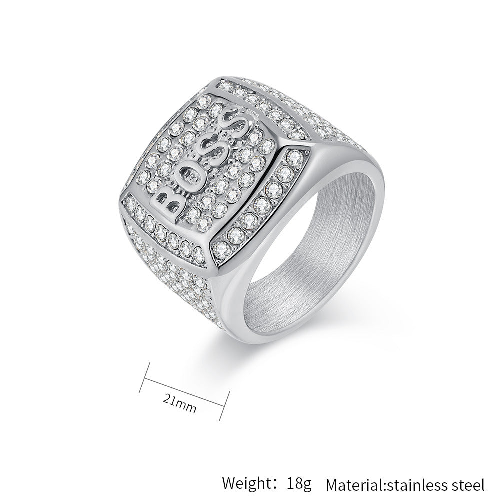 Planderful Zircon Square Ring For Men Boss Hip Hop Style Gold Plated Steel Everyday Genie Personalize